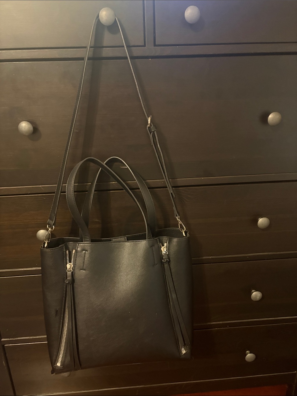 Trouvé Black Leather Tote Shoulder Bag Silver Zippers Crossbody Strap